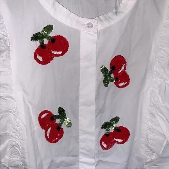 Anthropologie Dhruv Kapoor Cherries Sequin
Sleeveless Ruffled Button Blouse Top - Picture 5 of 9